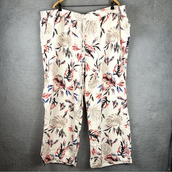 Briggs Pants Womens 3X Beige Multicolor Floral Pull On Linen Blend Wide Leg NWT - Picture 1 of 9